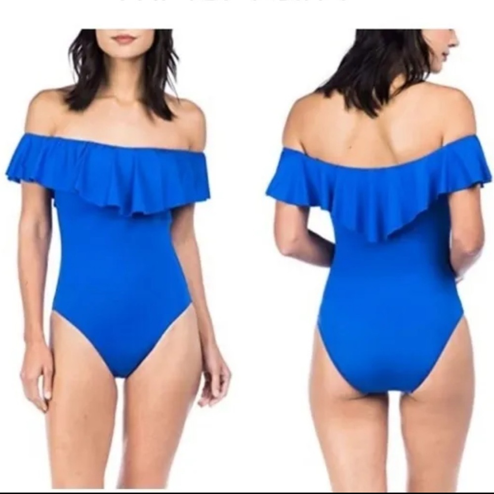Trina Turk Monaco Solids Off Shoulder Ruffle One Piece blue Swimsuit size 8